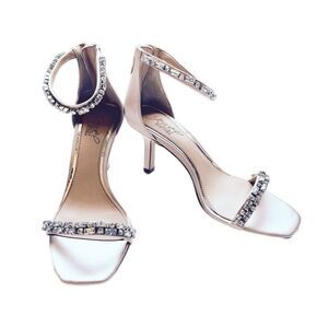 New Jewel Badgley Mischka champagne color ankle strap sandals with rhinestones